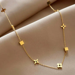 Gold Clover & Square Bead Charm Station Necklace - Each