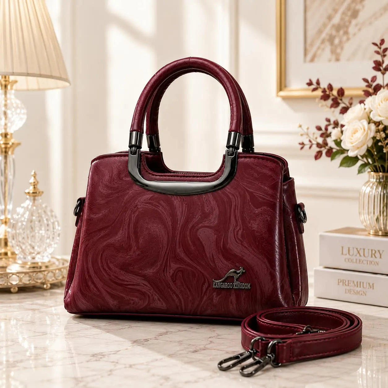 Kangaroo Kingdom Marble Print Top Handle Shoulder Bag with Strap