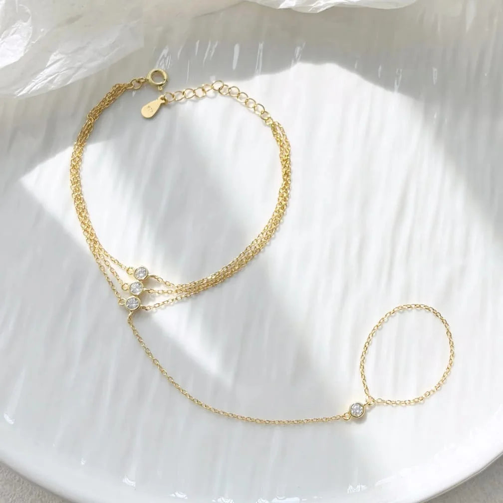 Gold Bezel Zircon Hand Chain Harness Bracelet