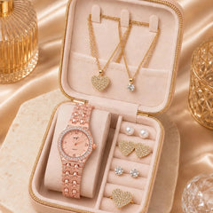 Women Rhinestone Quartz Watch & Jewelry Set with Travel Case