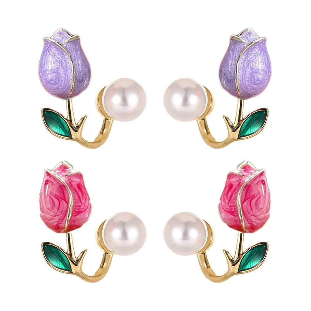 Stainless Steel Pink and Purple Tulip Pearl Earrings For Girls - Each Pair