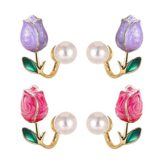 Stainless Steel Pink and Purple Tulip Pearl Earrings For Girls - Each Pair