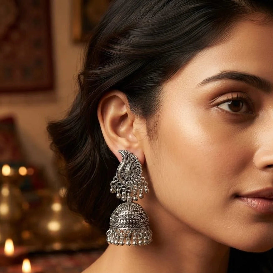 Oxidized Silver Curved Paisley Jhumka Earring