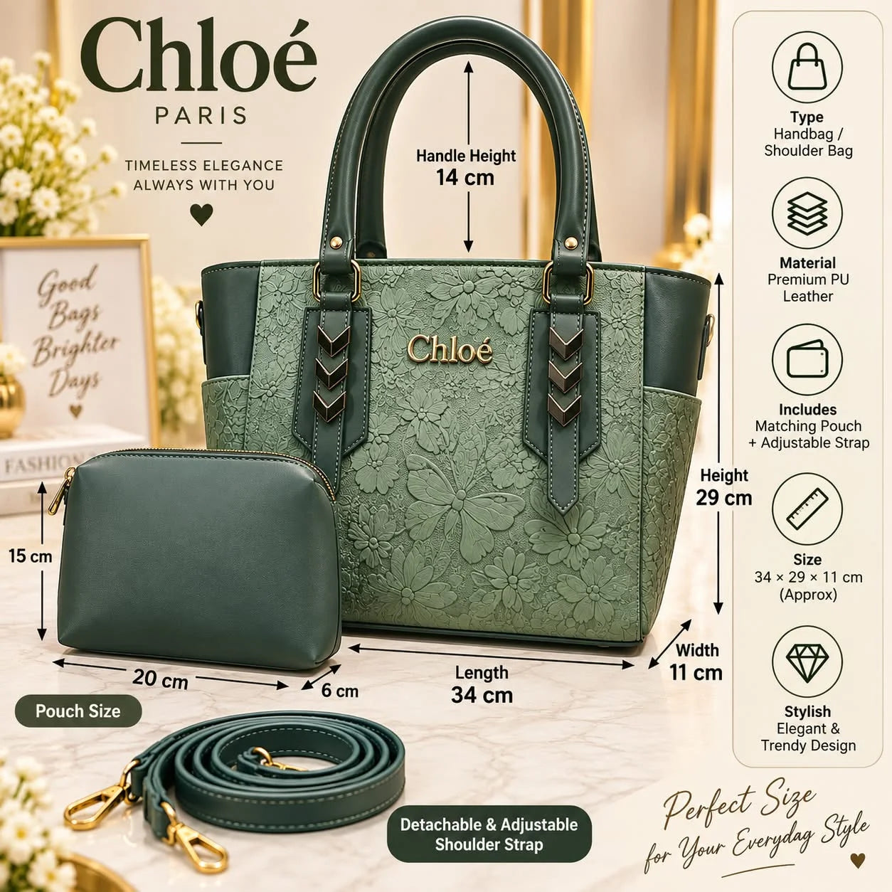 Embossed Floral Handbag Set
