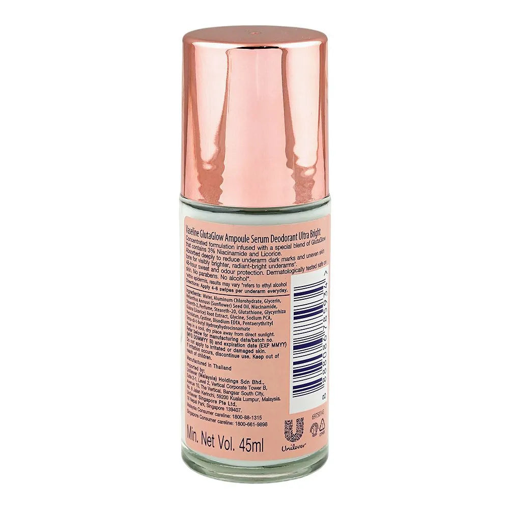 Vaseline Gluta Glow Ampoule Ultra Bright Serum Deodorant Roll On, Niacinamide + Licorice - 45ml