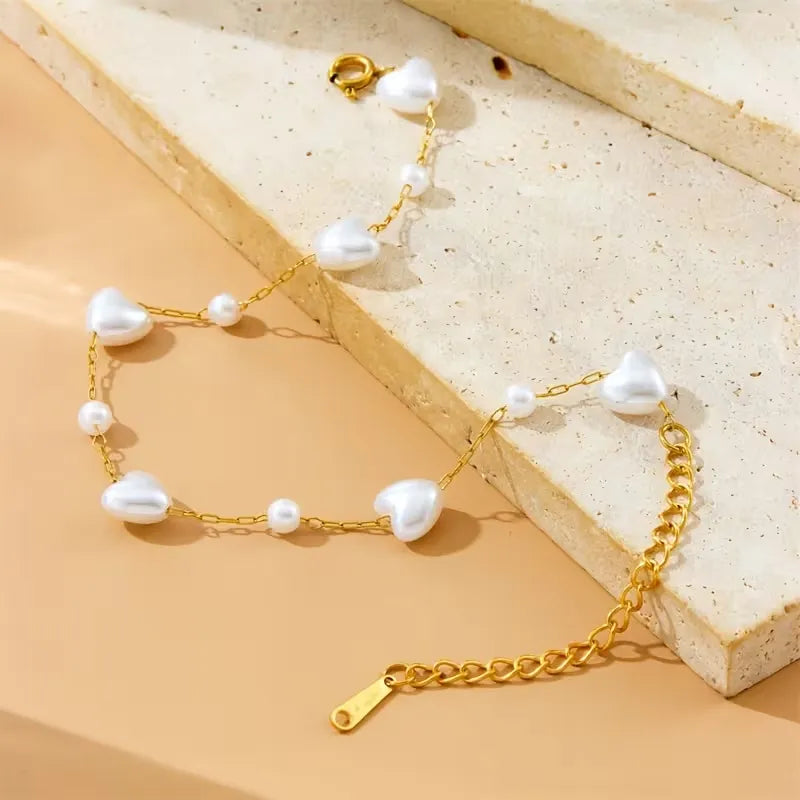 Stainless Steel Heart-Shaped Imitation Pearl Bracelet - Each