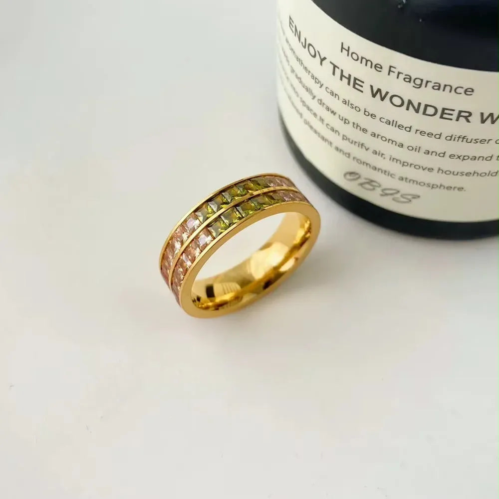 Stainless Steel Colorful Zircon Square Waterproof Fashion Ring