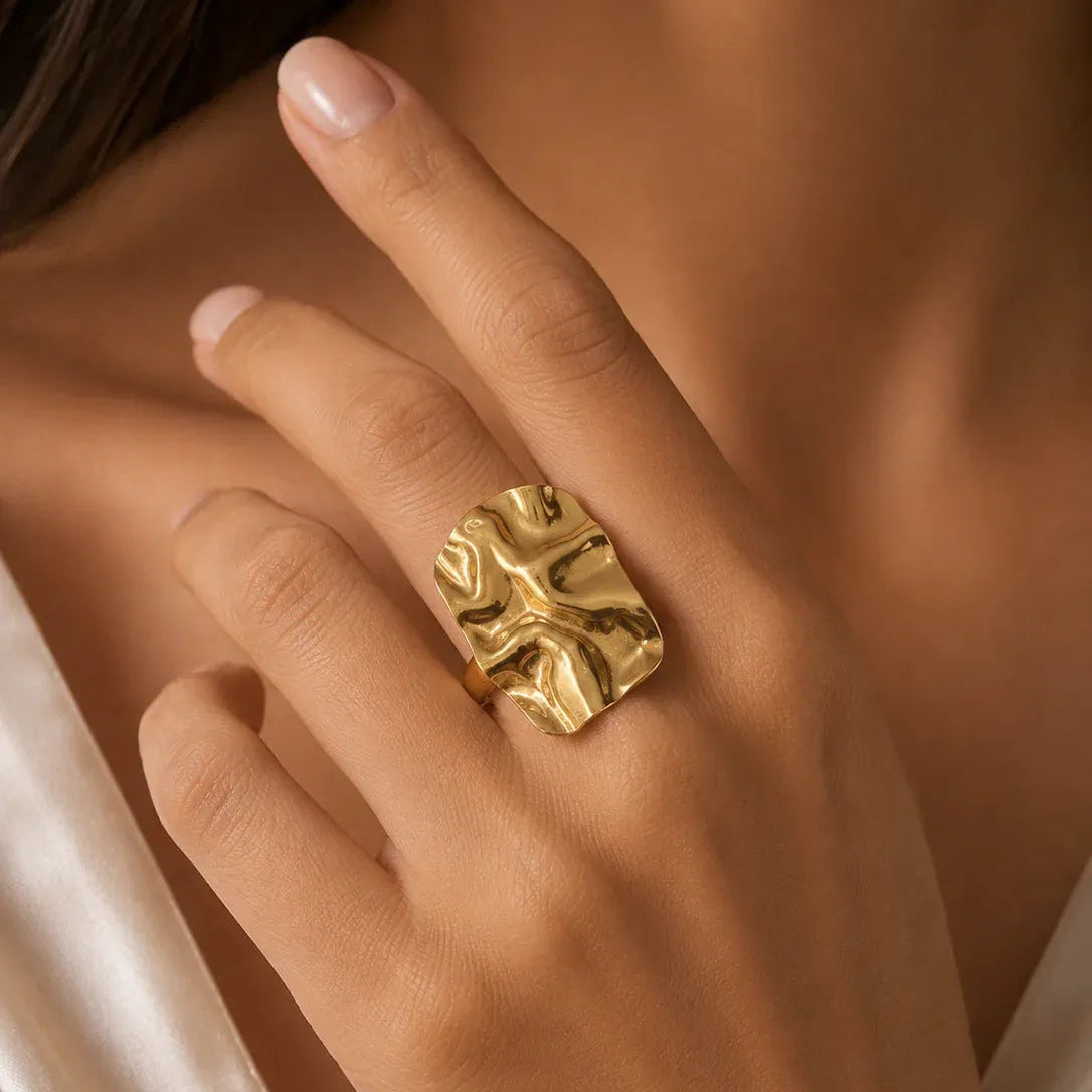Gold Crumpled Texture Statement Free Size Ring - Each