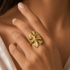 Gold Crumpled Texture Statement Free Size Ring - Each