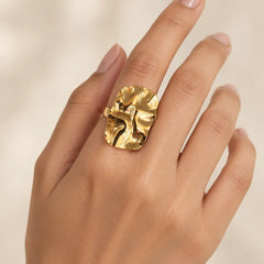 Gold Crumpled Texture Statement Free Size Ring - Each
