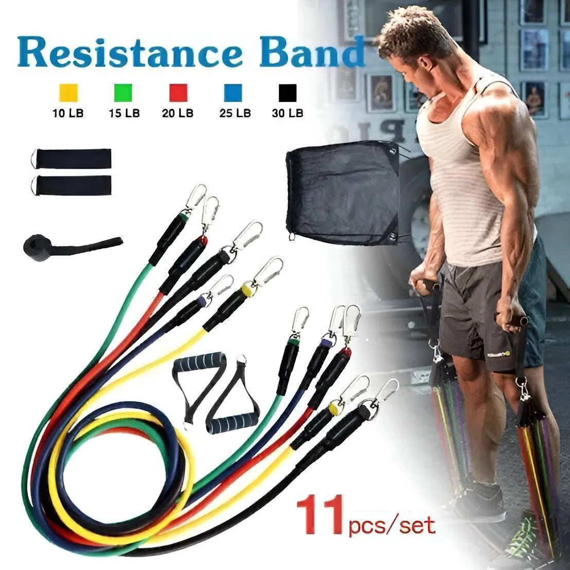Premium Resistance Band Set for Home Workouts - 11 Piece Elastic Fitness Exercise Tubes with Carrying Pouch