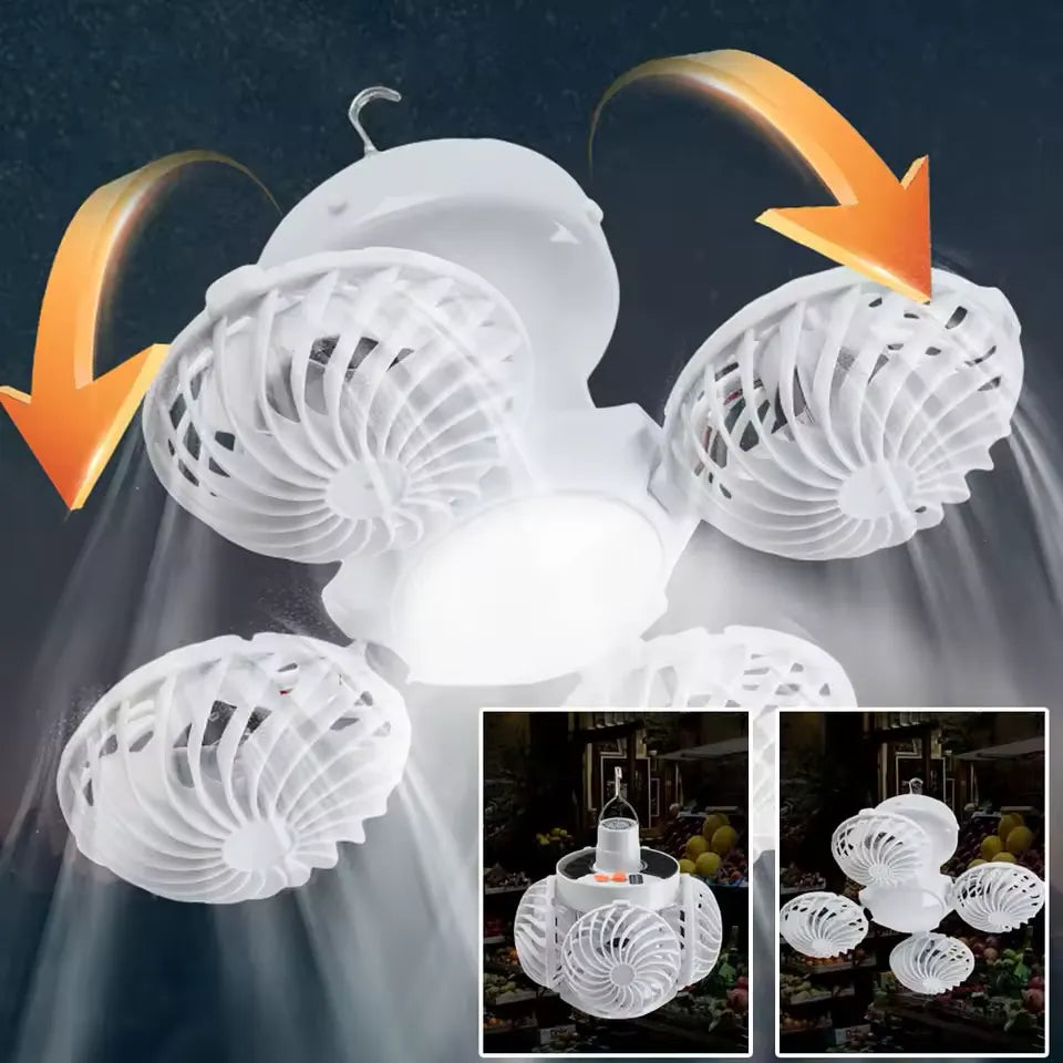 Portable Foldable Ceiling Fan Light LED Solar Bulb Lamp With 4 Mini Fan