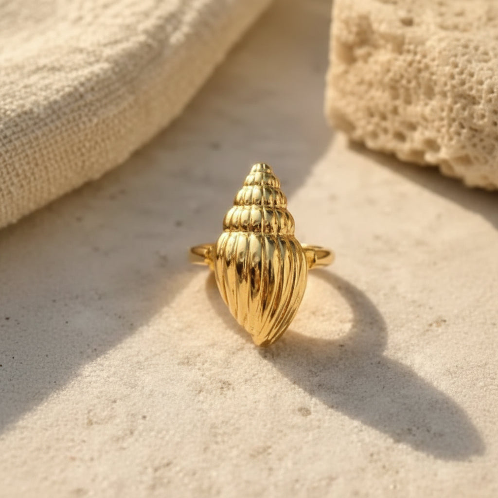 Gold Textured Conch Seashell Free Size Ring - Each
