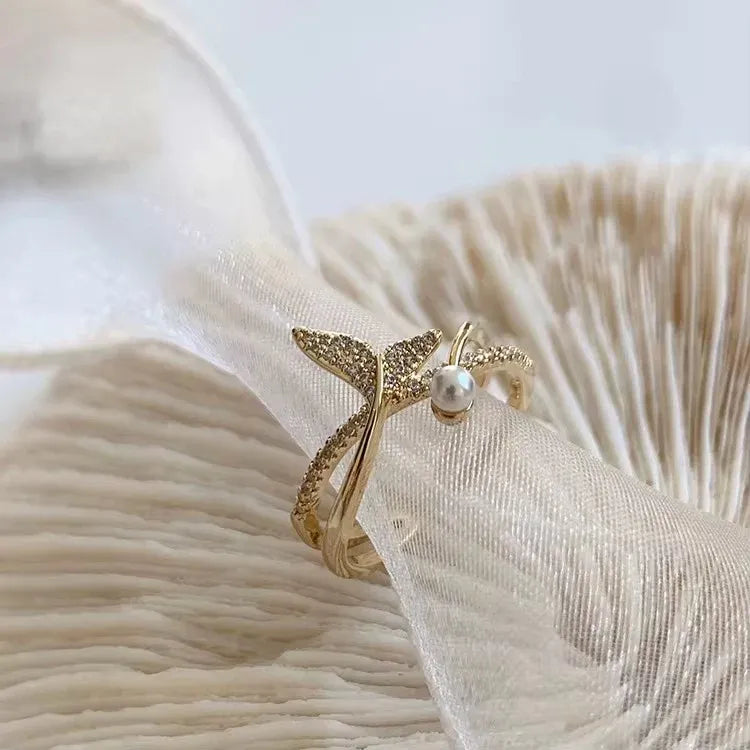 Gold Mermaid Tail Pearl Adjustable Ring