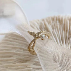 Gold Mermaid Tail Pearl Adjustable Ring