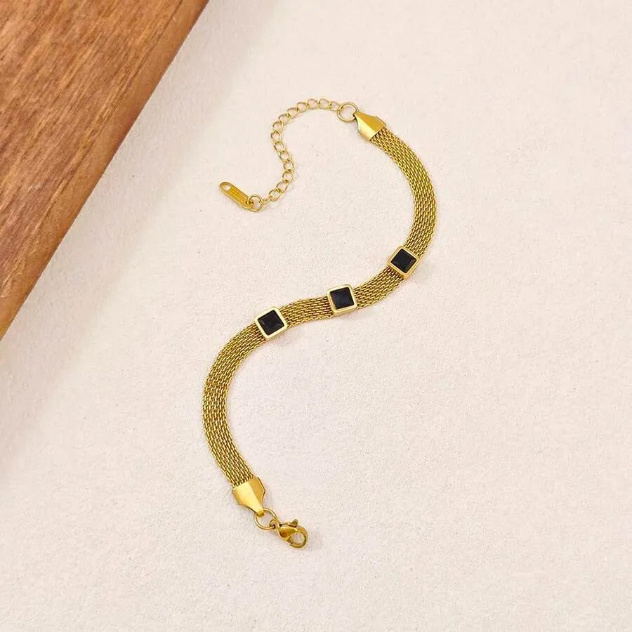 Gold Plated Black Square Stone Mesh Chain Bracelet