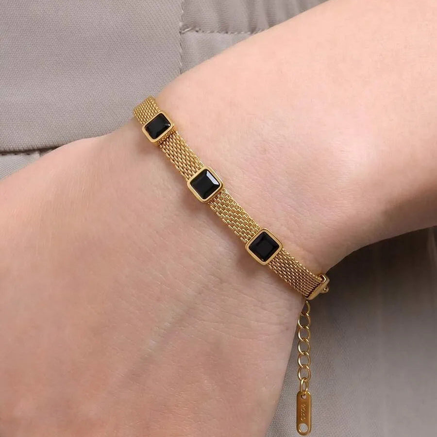 Gold Plated Black Square Stone Mesh Chain Bracelet