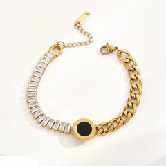 Stainless Steel Gold Black Roman Numeral Crystal Chain Bracelet