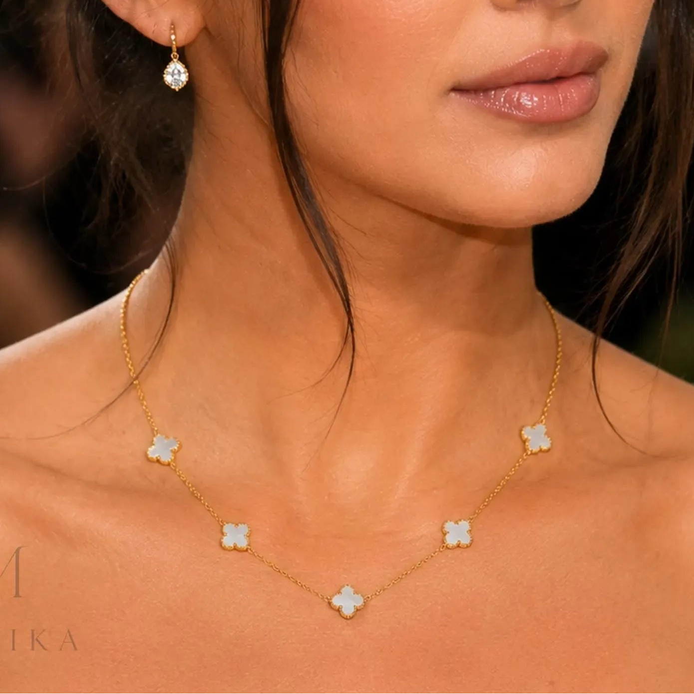 Gold Plated White Clover Station Chain Necklace