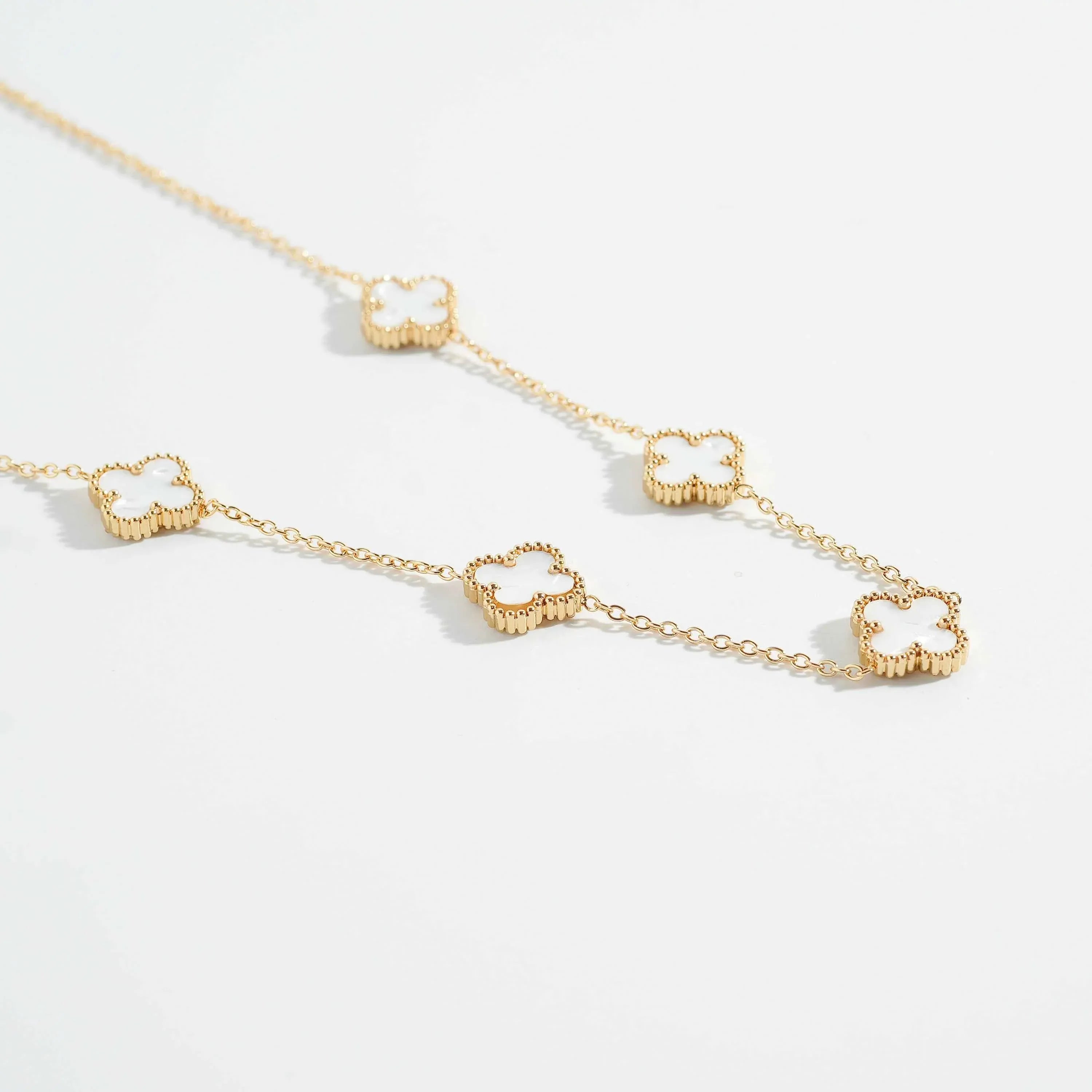 Gold Plated White Clover Station Chain Necklace
