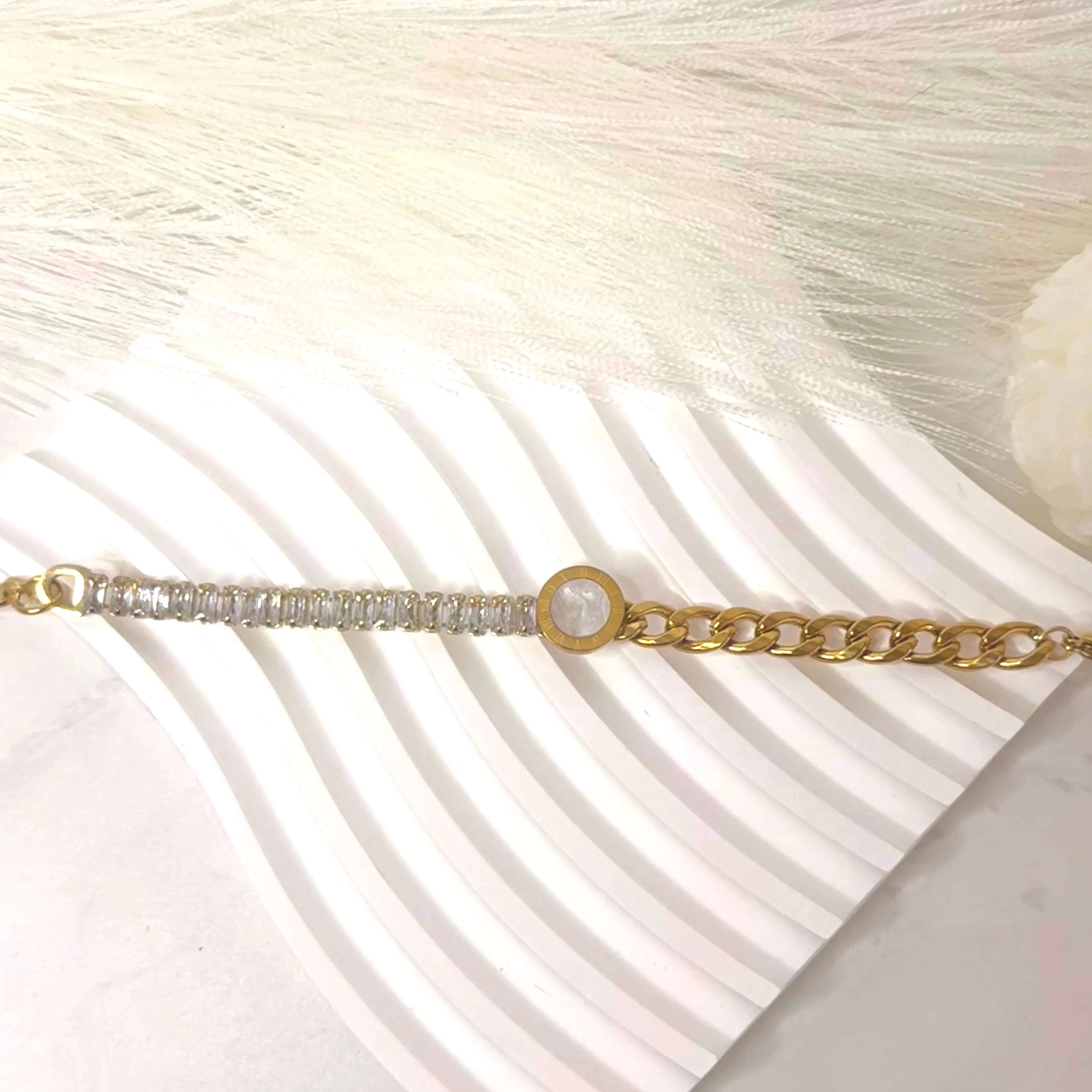 Stainless Steel Gold & Silver Roman Numeral Crystal Chain Bracelet