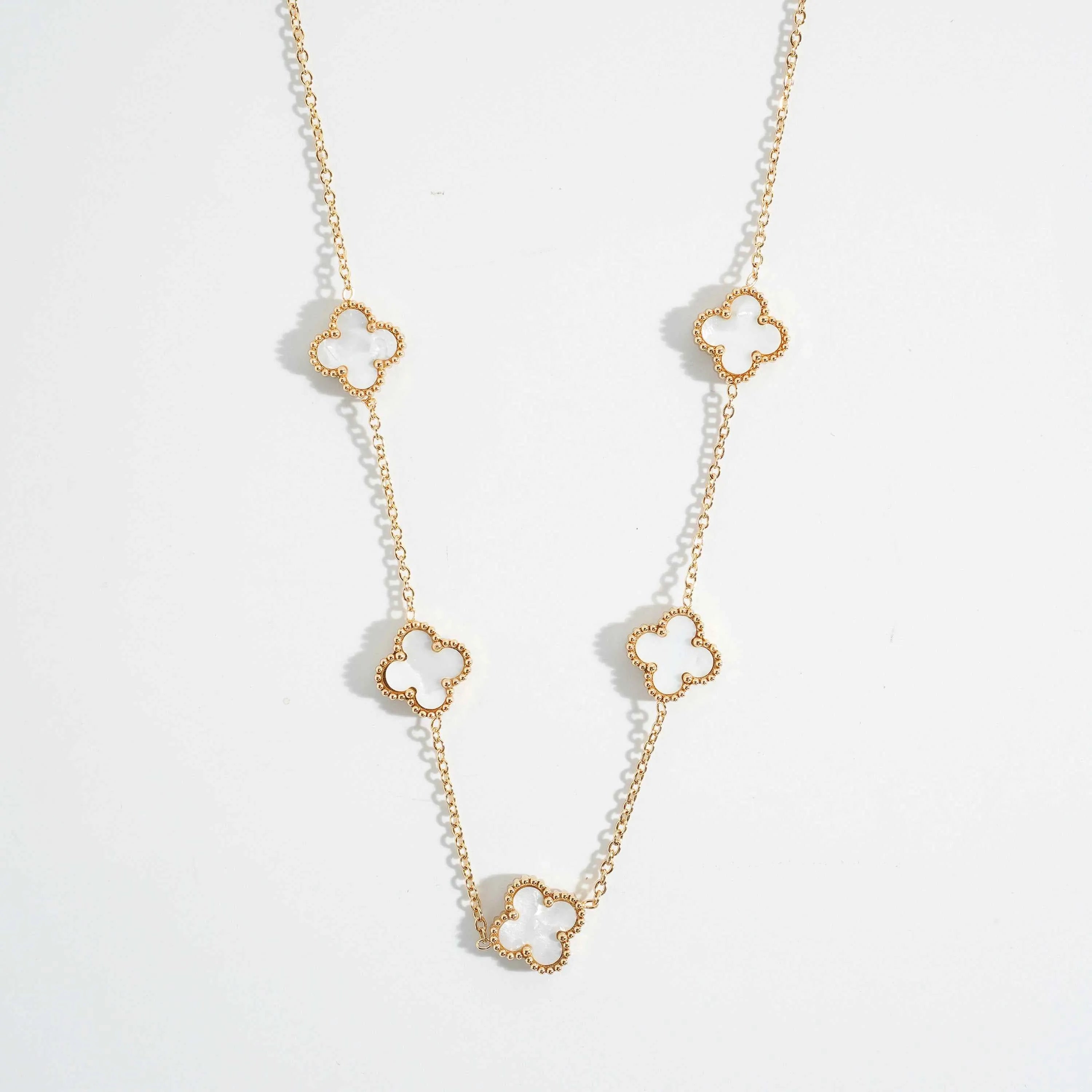 Gold Plated White Clover Station Chain Necklace