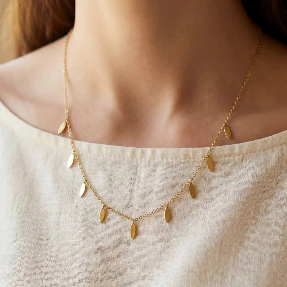 Delicate Gold Leaf Charm Drop Choker Necklace