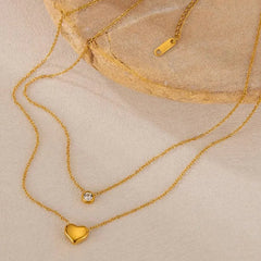 Gold Plated Double Layer Crystal & Heart Pendant Chain Necklace