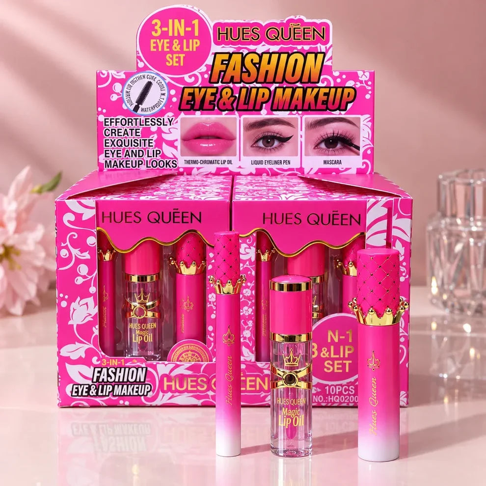 HUES QUEEN 3-in-1 Eye & Lip Set – Lip Oil, Eyeliner & Mascara