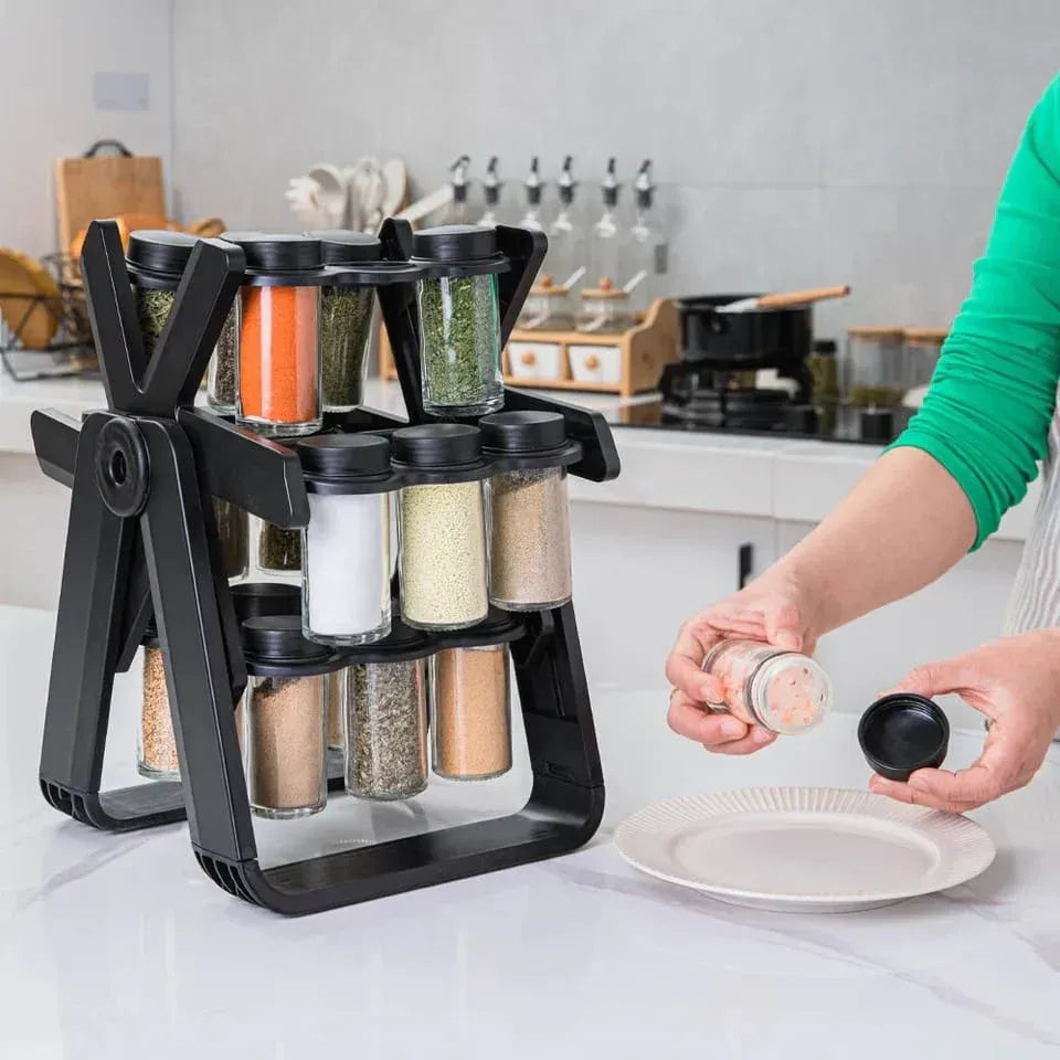 360° Rotating Ferris Wheel Spice Rack Organizer – 18 Pcs Glass Bottles