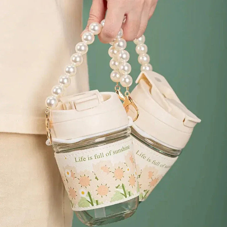 Cute Sunflower Glass Water Bottle with Detachable Pearl Chain - Each