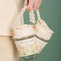 Cute Sunflower Glass Water Bottle with Detachable Pearl Chain - Each