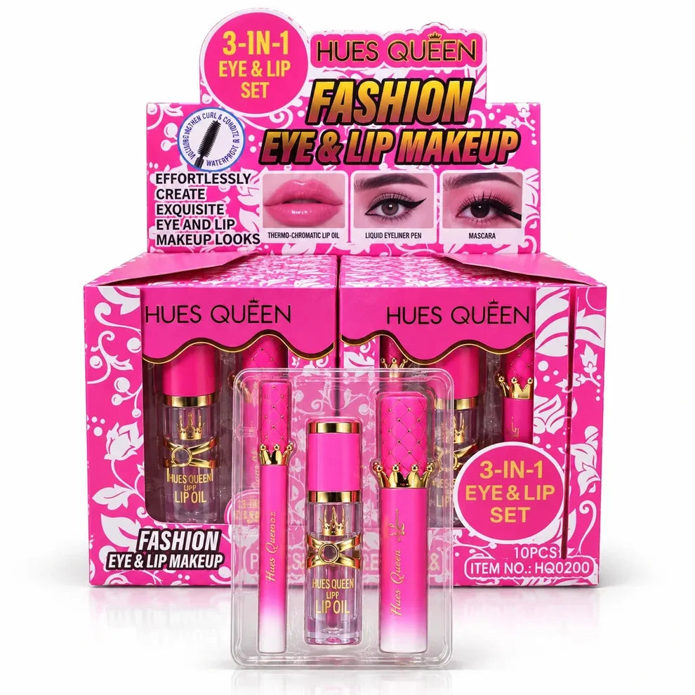 HUES QUEEN 3-in-1 Eye & Lip Set – Lip Oil, Eyeliner & Mascara