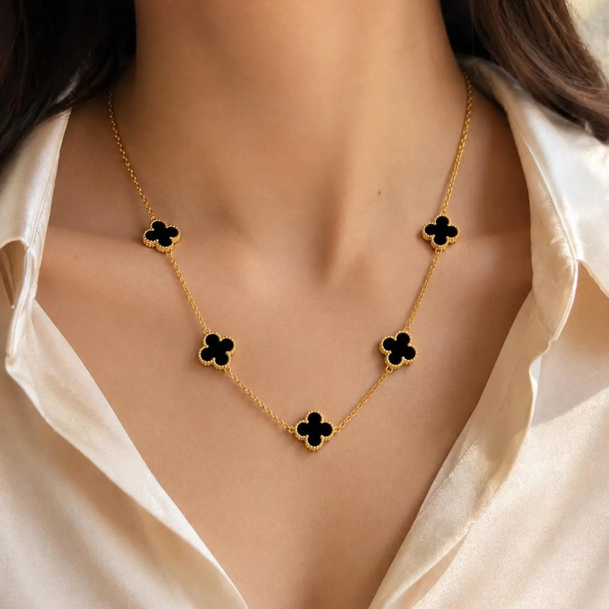 Gold Plated Black Clover Station Chain Necklace
