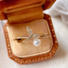 Gold Mermaid Tail Pearl Adjustable Ring