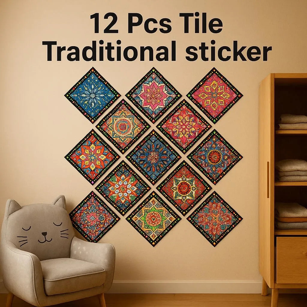Traditional Mandala Tile Wall Stickers - 12Pcs