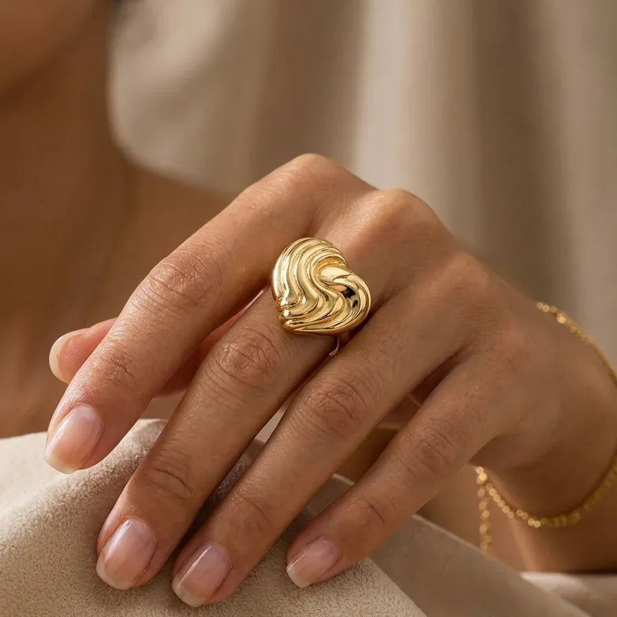 Gold Swirl Ribbed Heart Ring
