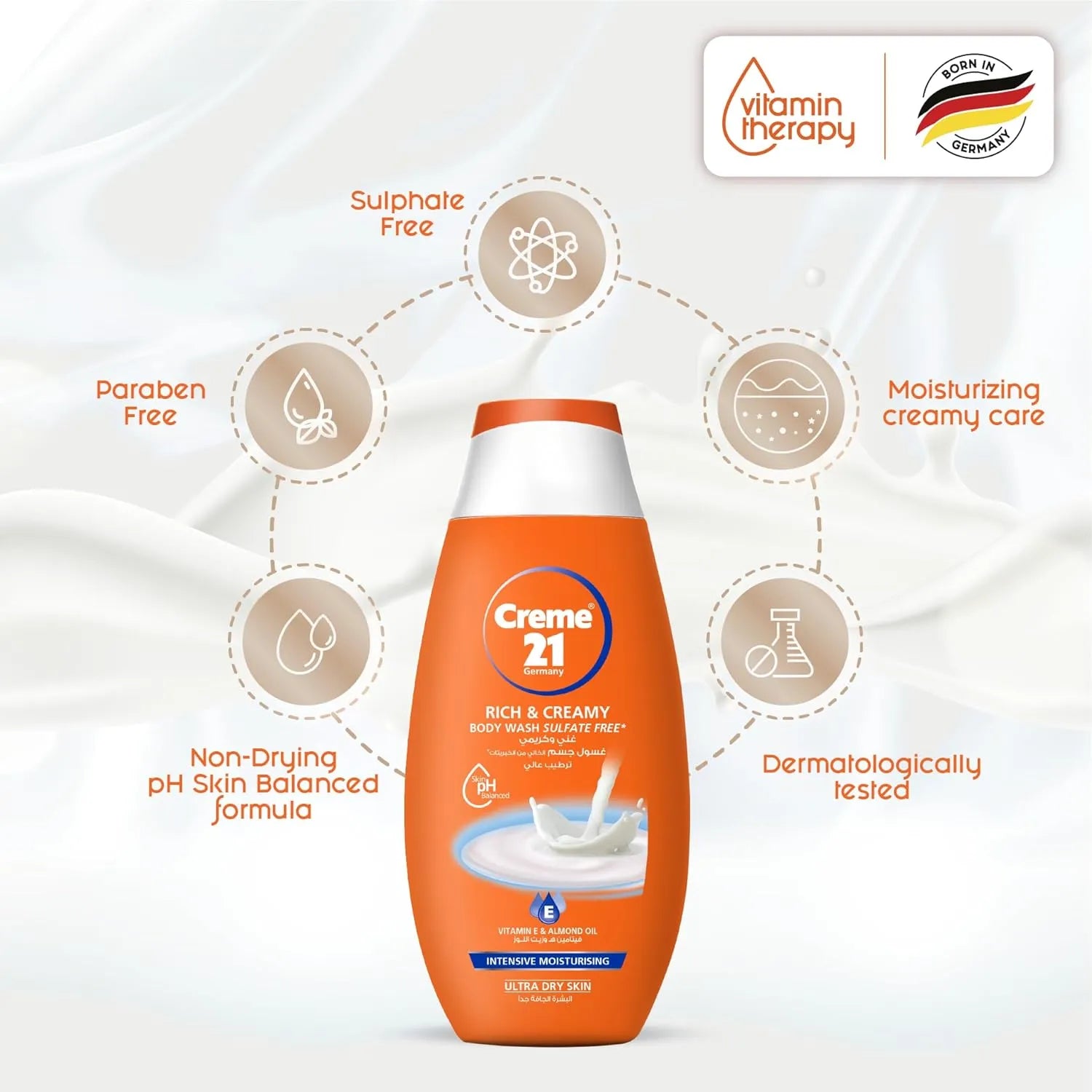 Crème 21 Rich & Creamy Moisturising Body wash,With Vit E & Almond Oil,Sulphate Free - 250ml