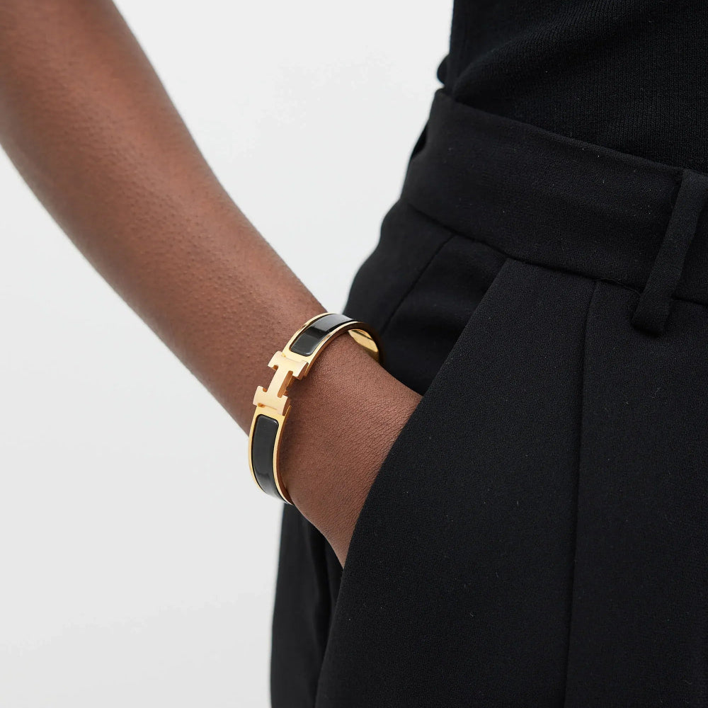 Gold Plated Gold H Letter Clasp Black Enamel Bangle