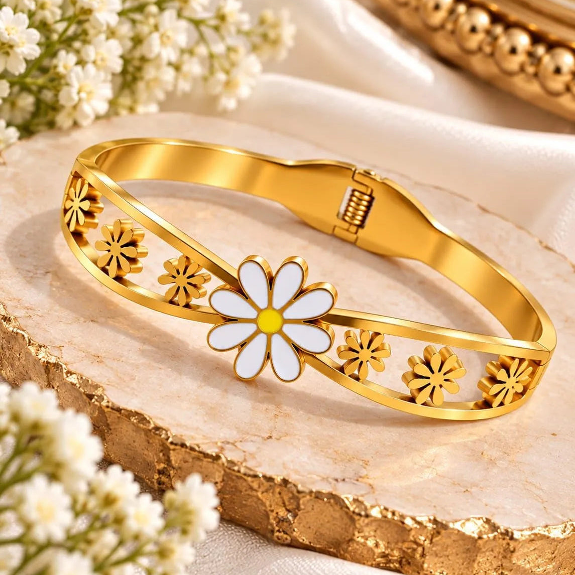 Golden Double Band Daisy Flower Bangle