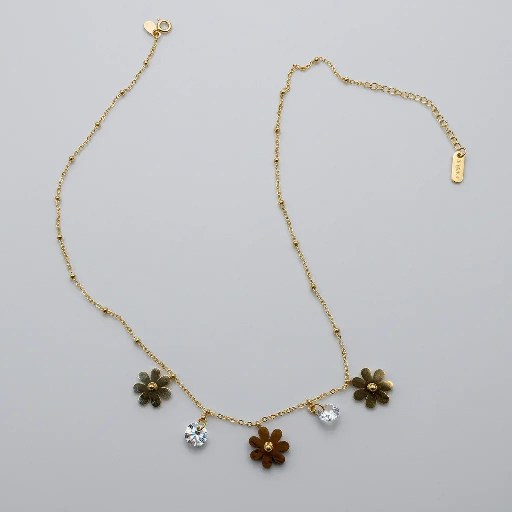Gold Flower & Crystal Charm Choker Necklace
