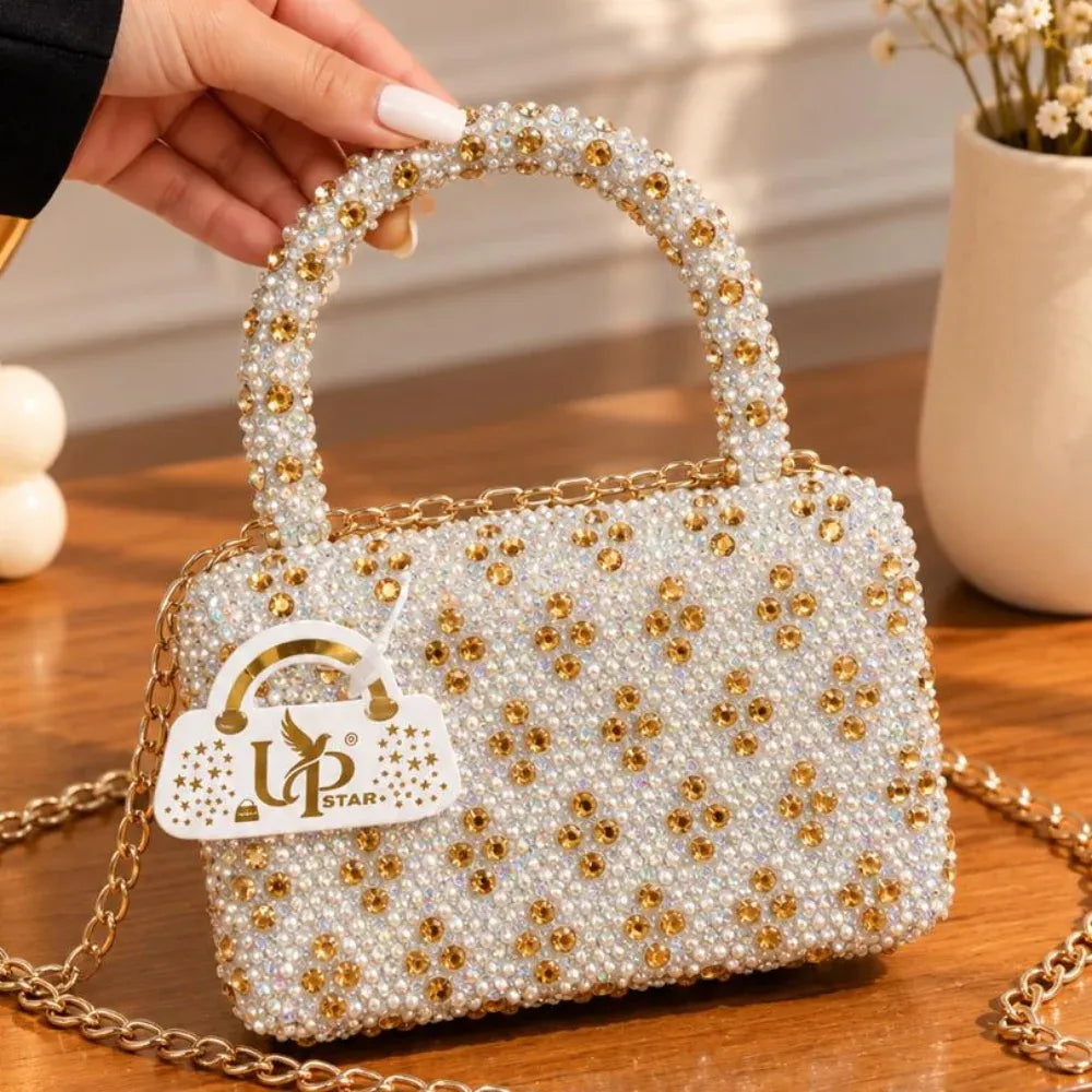 Pearl & Rhinestone Embellished Top Handle Evening Box Clutch