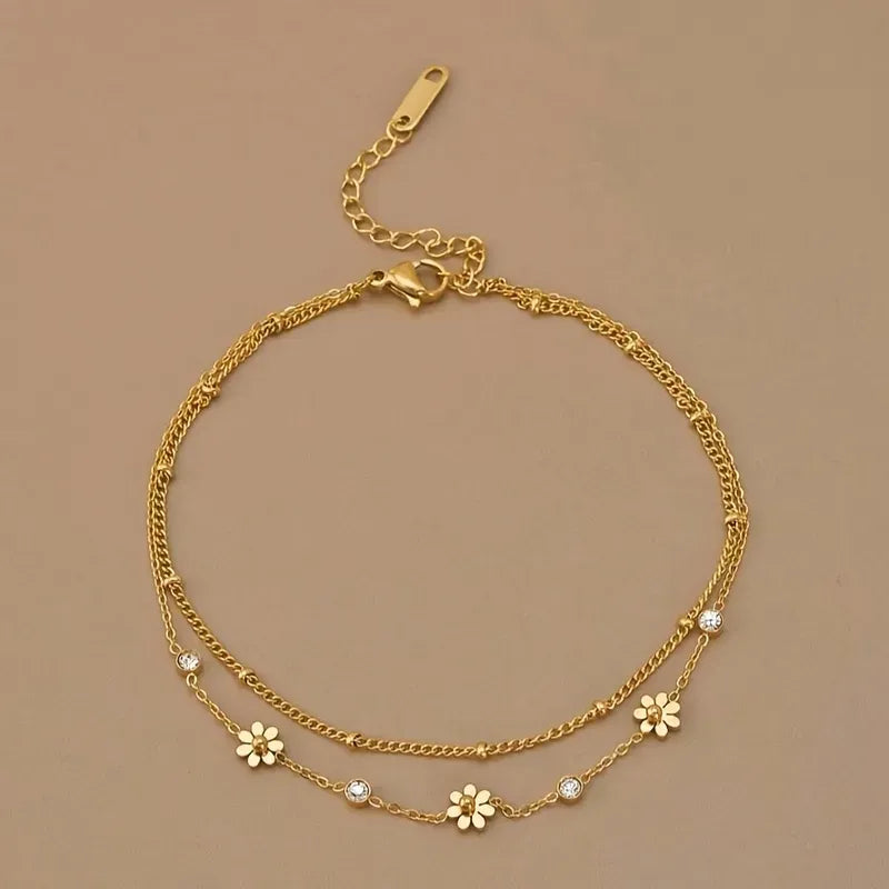 Gold Layered Flower & Crystal Charm Bracelet