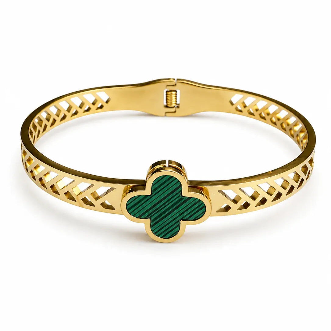 Gold Green Clover Lattice Bangle