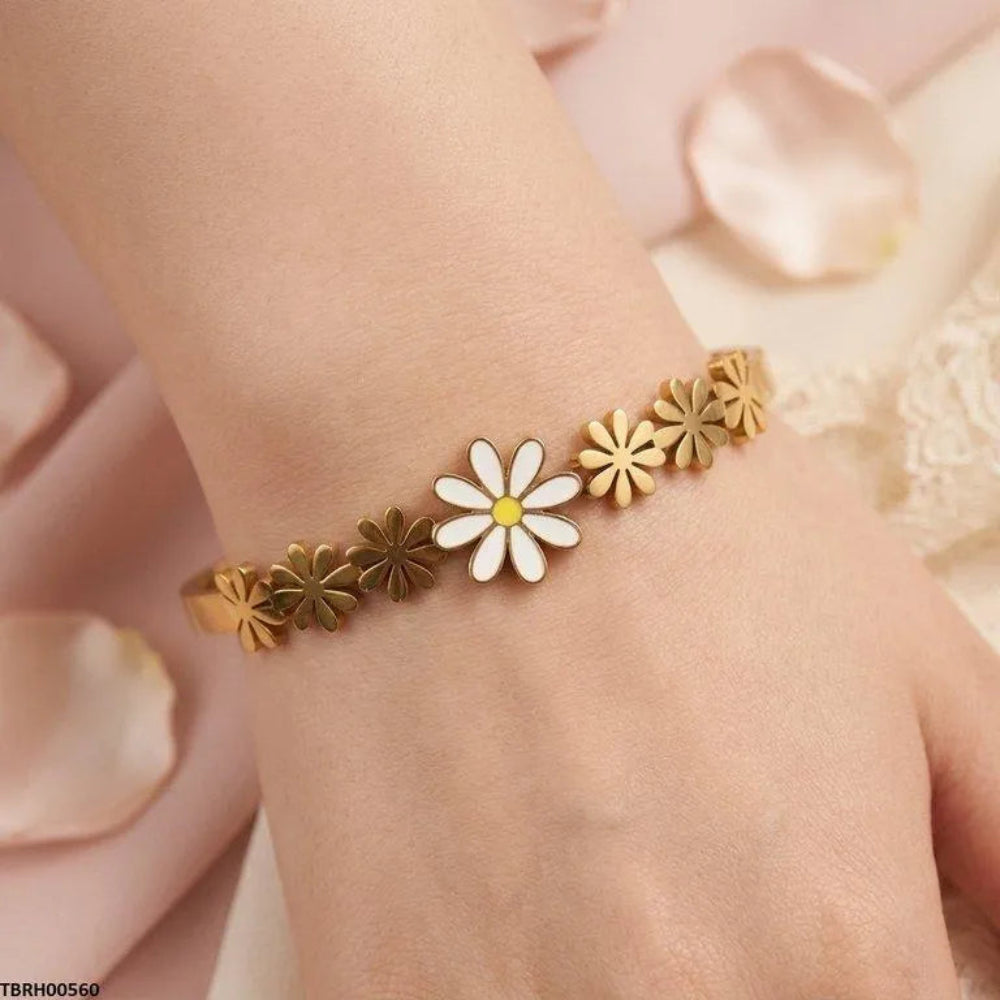 Gold Plated White Daisy Flower Bangle