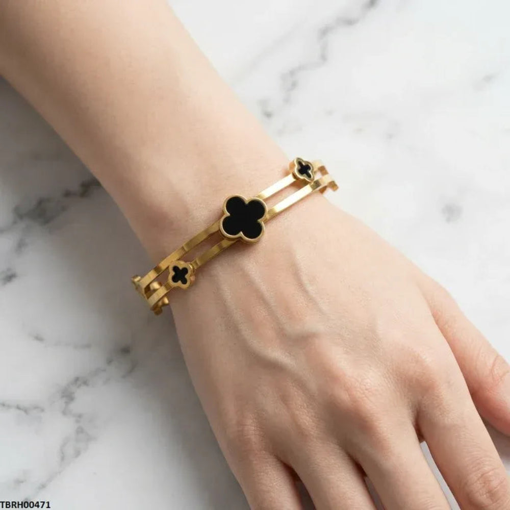 Gold Multi Clover Black Bangle