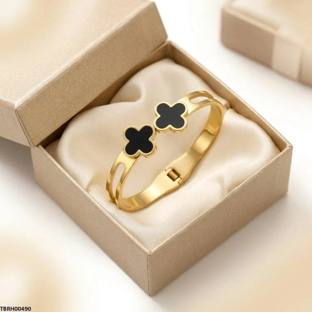 Gold Double Clover Black Open Cutout Bangle Bracelet