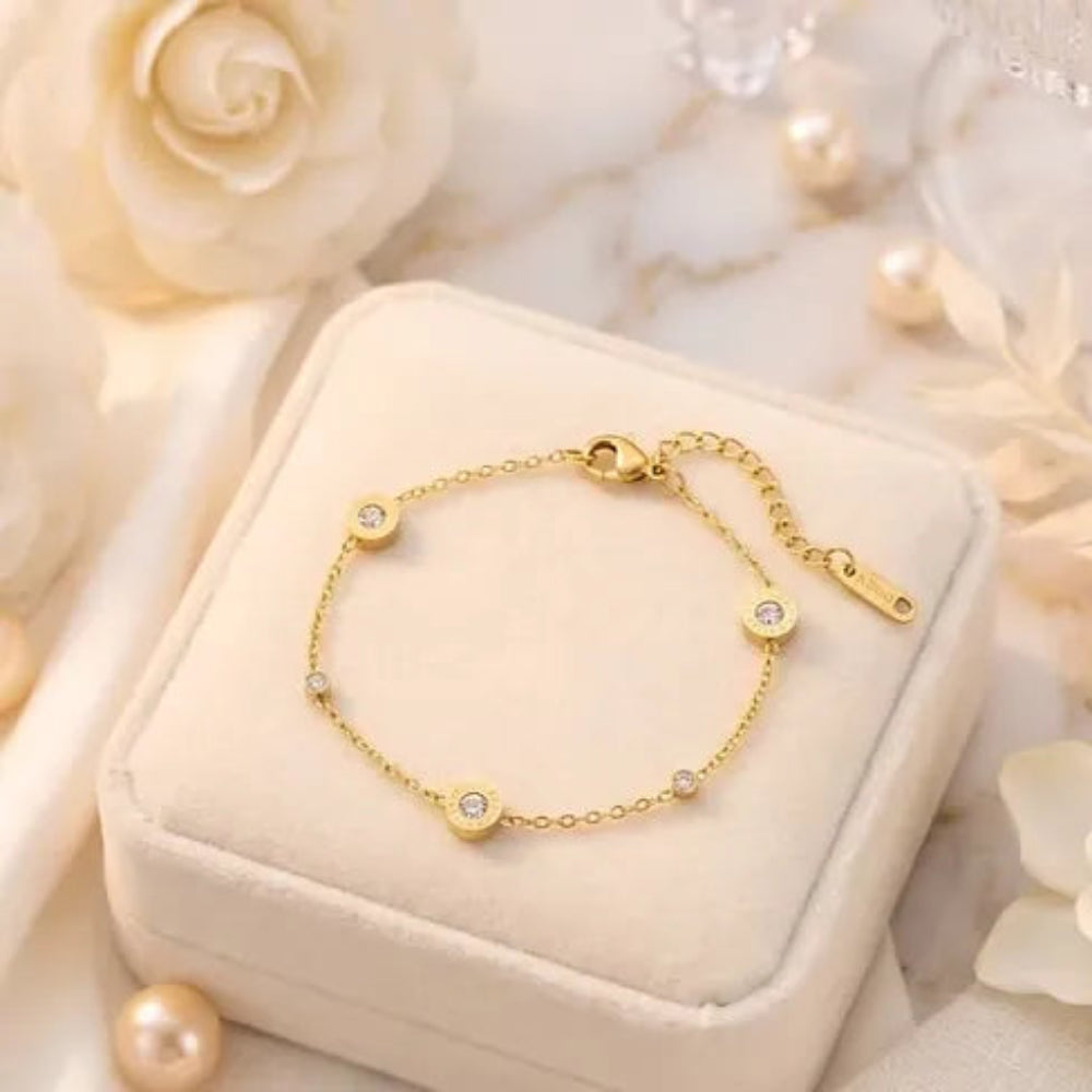 Gold Roman Numeral Crystal Disc Chain Bracelet