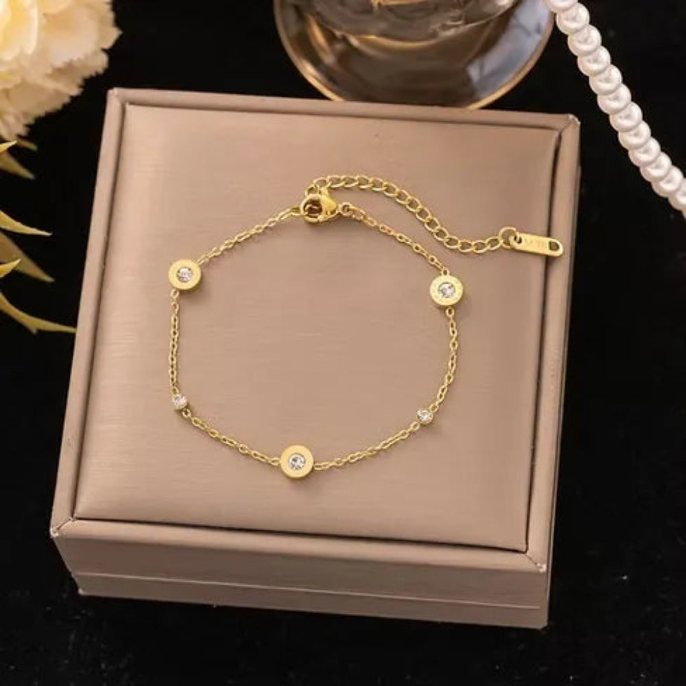 Gold Roman Numeral Crystal Disc Chain Bracelet
