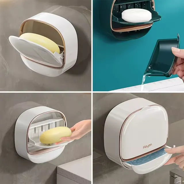 Wall Mounted Soap Holder With Lid And Drain Tray